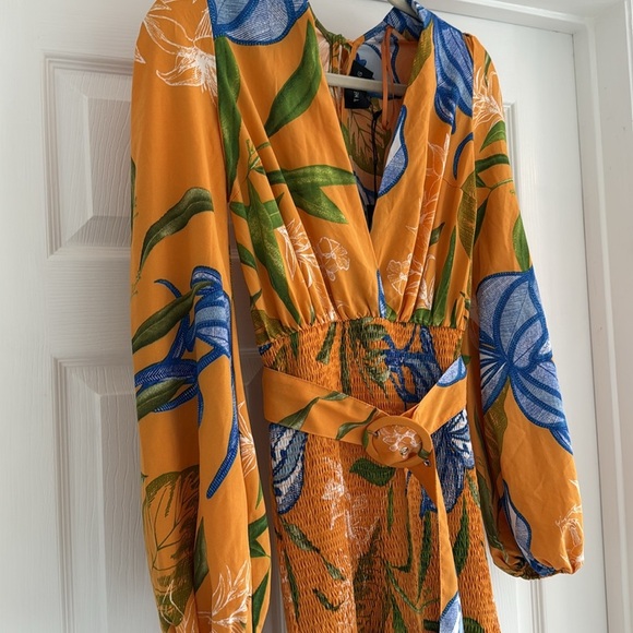 NWT THE SANG Tropical Floral Maxi Dress Plunge Neck Long Sleeve Vacation S - Picture 6 of 7